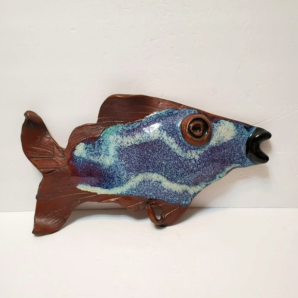 Redware Ceramic Fish Wall Decor, Hand Crafted Art Pottery Plaque, Coastal Beach